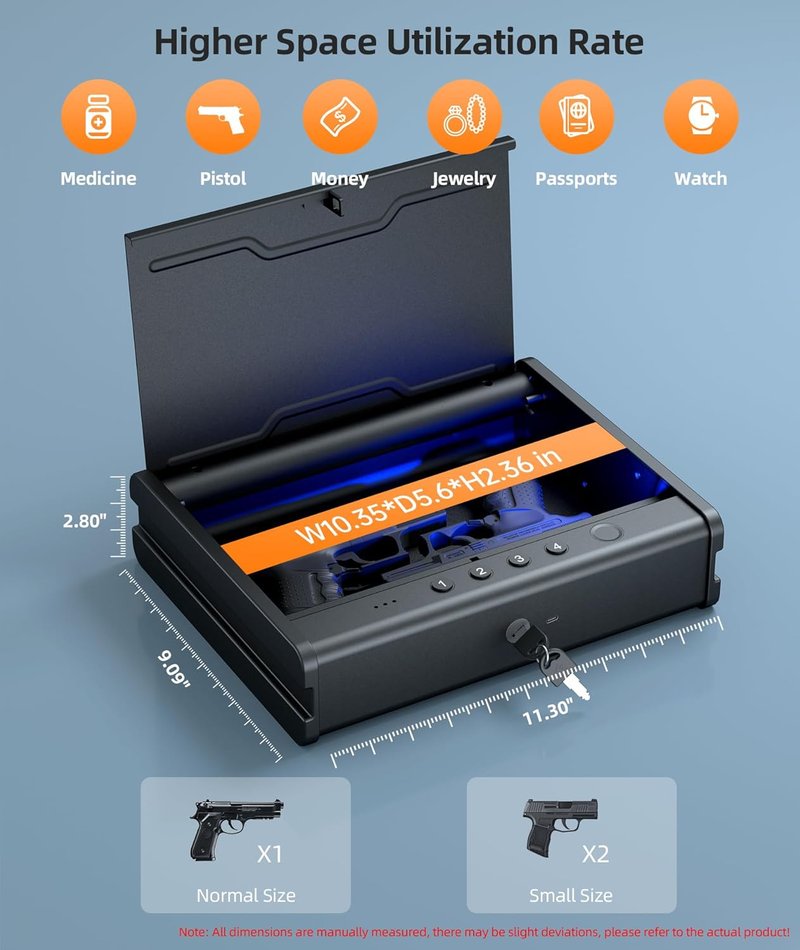 Biometric Gun Safe for Handgun - Quick Access Pistol Safe with Fingerprint & Voice Navigation | Interior Light, Mute Mode, Steel Cable Included