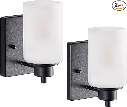 2-Pack Bath Vanity Light Fixture 1-Light, Indoor Farmhouse Bathroom Wall Sconces Lights for Living Room, Porch, Bedside, Black Finish with White Frosted Glass Shades Wall Mounted Lights