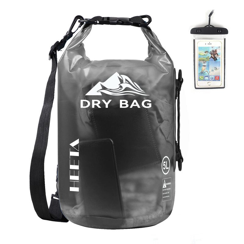 HEETA Dry Bag Waterproof for Women Men, Roll Top Lightweight Dry Storage Bag Backpack with Phone Case for Travel Swimming Boating Kayaking Paddle Board Camping Beach Accessories(Transparent Black,10L)