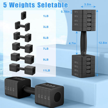 Adjustable Dumbbells Set of 2, 5-in-1 Adjustable Weight Dumbbells for Women/Men, 3lb/5lb/7lb/9lb/11lb Dumbbell Weights Set for Home Gym Workout