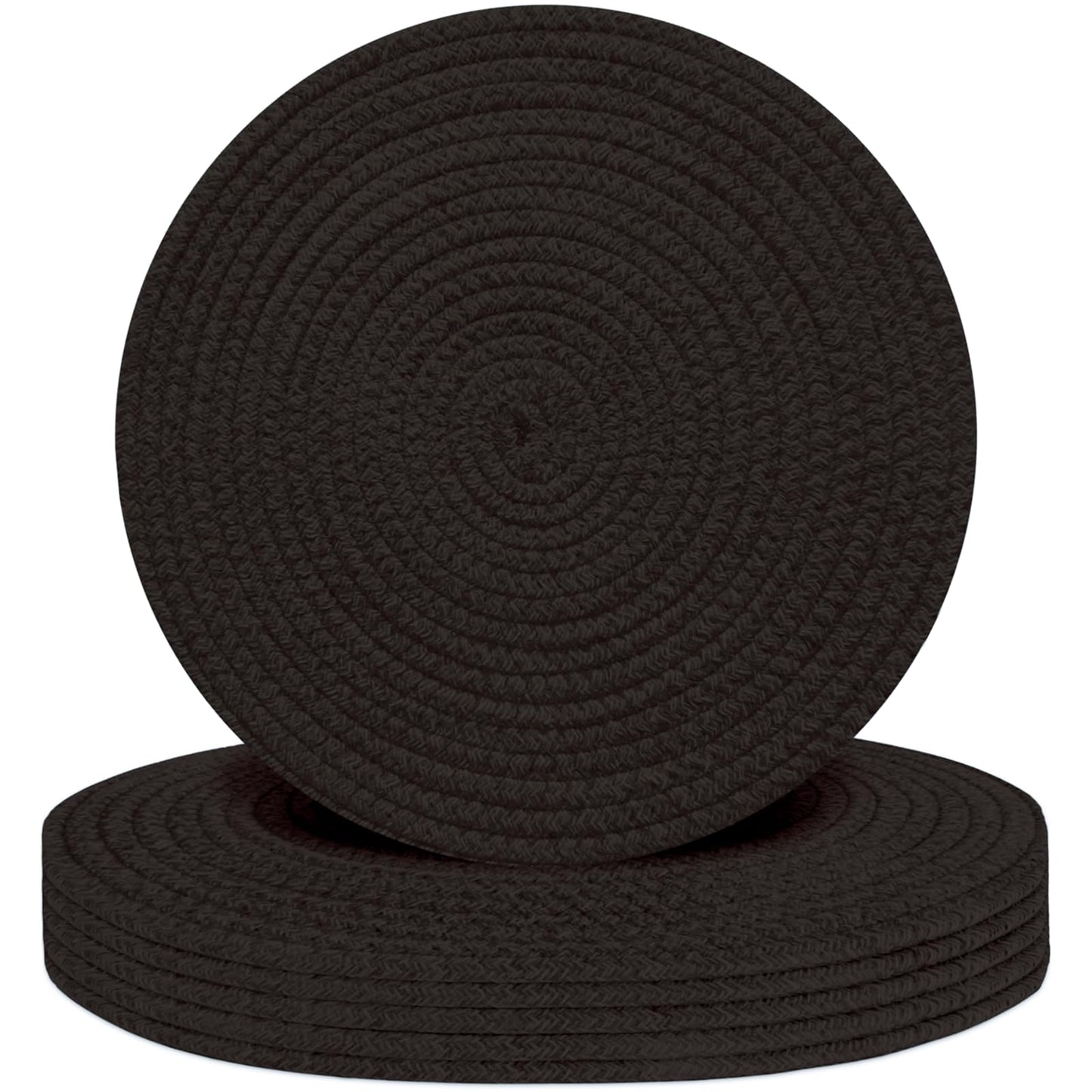 Round Placemats Set of 6, Cotton Rope Woven Table Mats, Hot Pads for Kitchen, Non Slip Heat Resistant Place Mats, 13 Inches Braided Placemat for Farmhouse Decor and Kitchen Table Decor (Black)