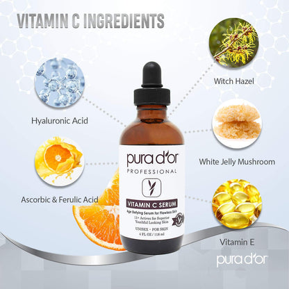 PURA D'OR 25% Vitamin C Serum 4 Oz + 0.25mm Derma Roller Set - Hyaluronic Acid & Retinol Microdermabrasion Skin Care Cosmetic Kit For Face & Eyes, Dark Spots - For Men & Women