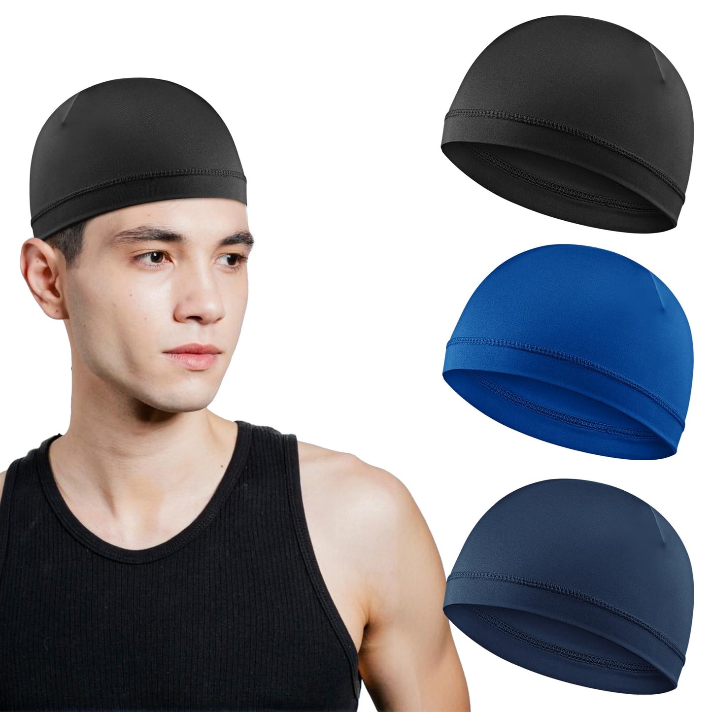 WY LIGHTING LEVEL 3Pcs Skull Caps Soft Lightweight Beanie Hats Moisture Wicking Stretchy Breathable Helmet Liner for Men (Black, Royal Blue, Navy Blue)