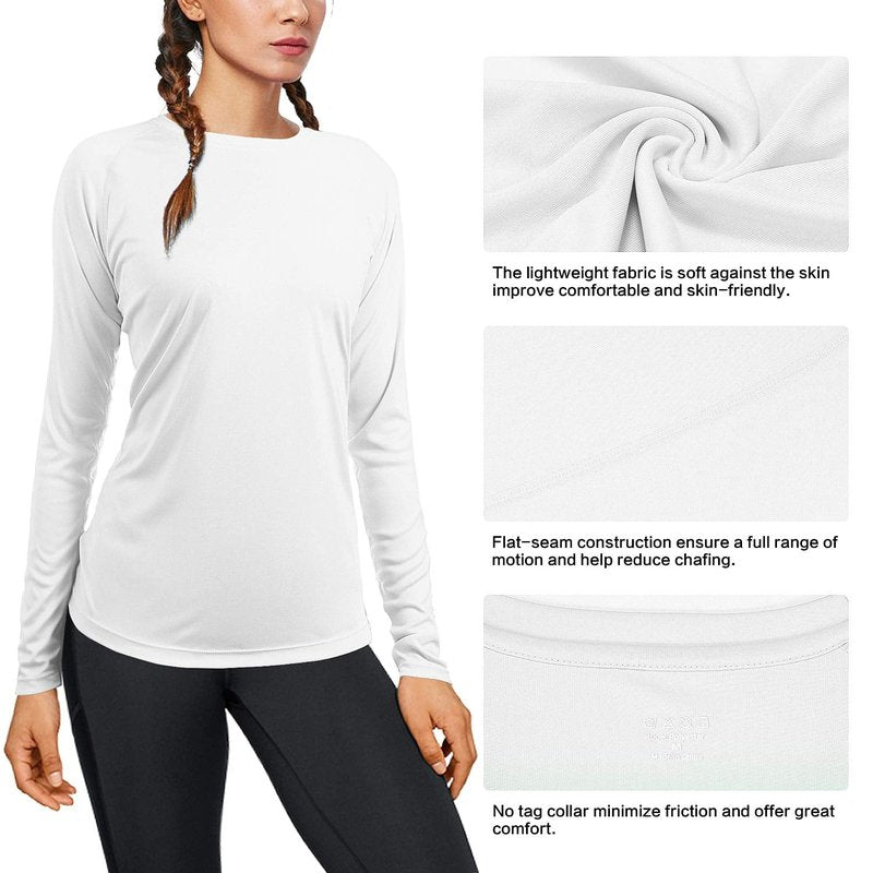 Womens UPF 50+ Long Sleeve Workout Running Shirts Lightweight UV Sun Protection Hiking Tee Tops for Rash Guard Swimming Fishing White