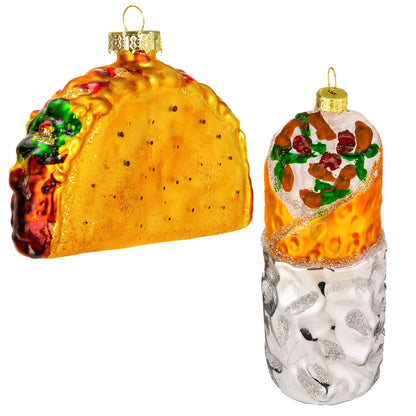 JOYIN Christmas Taco and Burrito Ornament, 2 pcs Glass Blown Set Handcrafted for Tree Hanging Ornament Outdoor Christmas Decorations Indoor