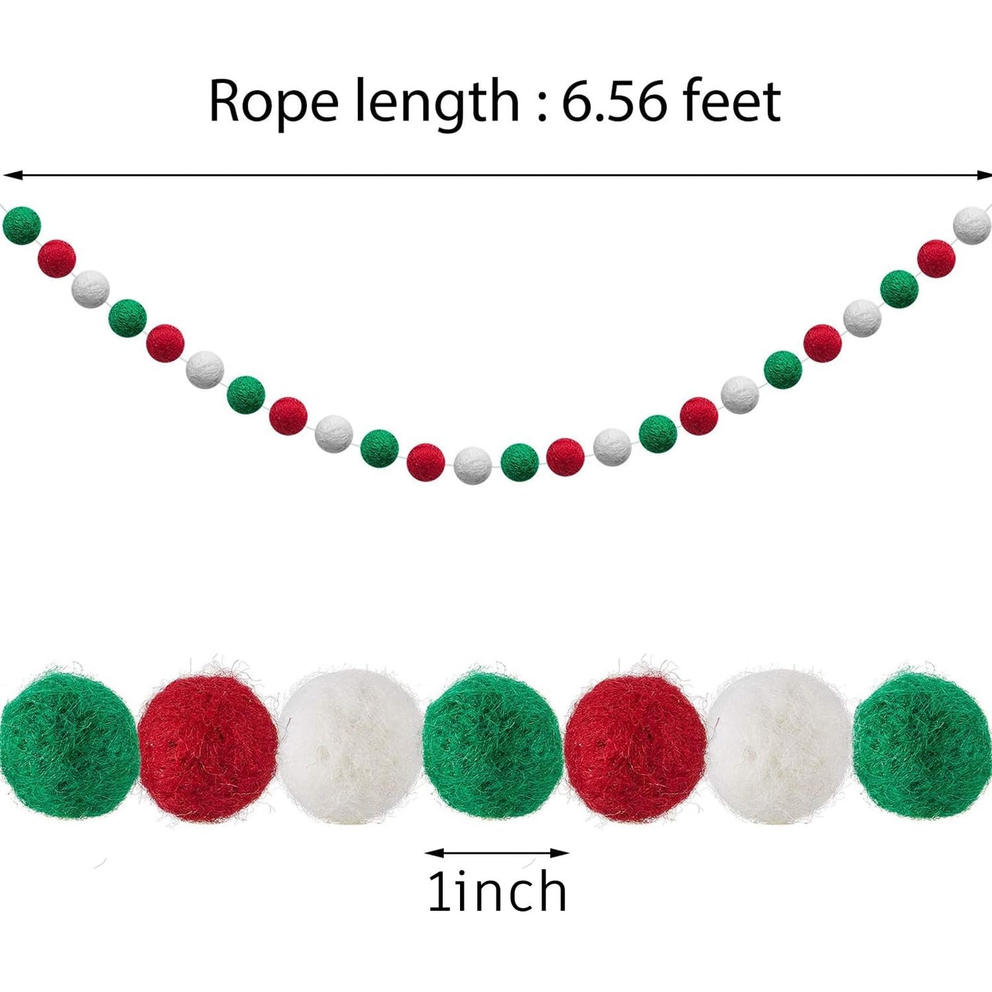 WILLBOND 3 Pieces Wool Felt Rainbow Ball Garland Colorful Pom Pom 6.5 ft Long 24 Ball Garland for Easter Mardi Gras Classroom Halloween Thanksgiving Xmas (Red,White,Green)