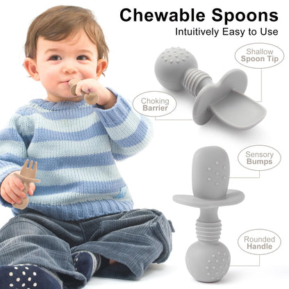 Eascrozn Silicone Baby Feeding Set, 2 Pack Divided Baby Plates with Suction, 2 Pack Spoons and Forks Set, BPA Free, Baby Led Weaning Supplies for Toddler Utensils Baby Feeding Essentials