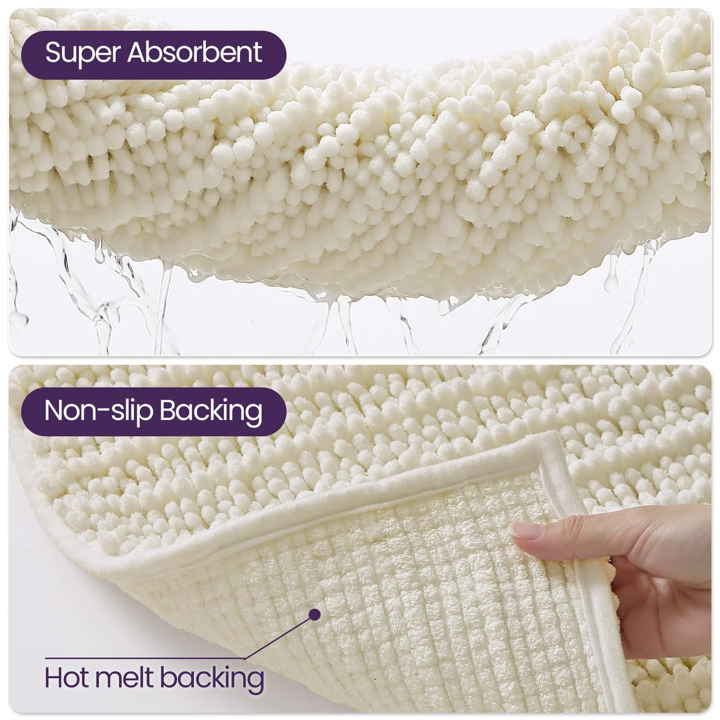 DEXI Bathroom Rugs 24x16, Super Soft Thick Chenille Absorbent Bath Mat, Non Slip Machine Washable Fluffy Shag Bathmat for Tub, Shower Floor, Ivory