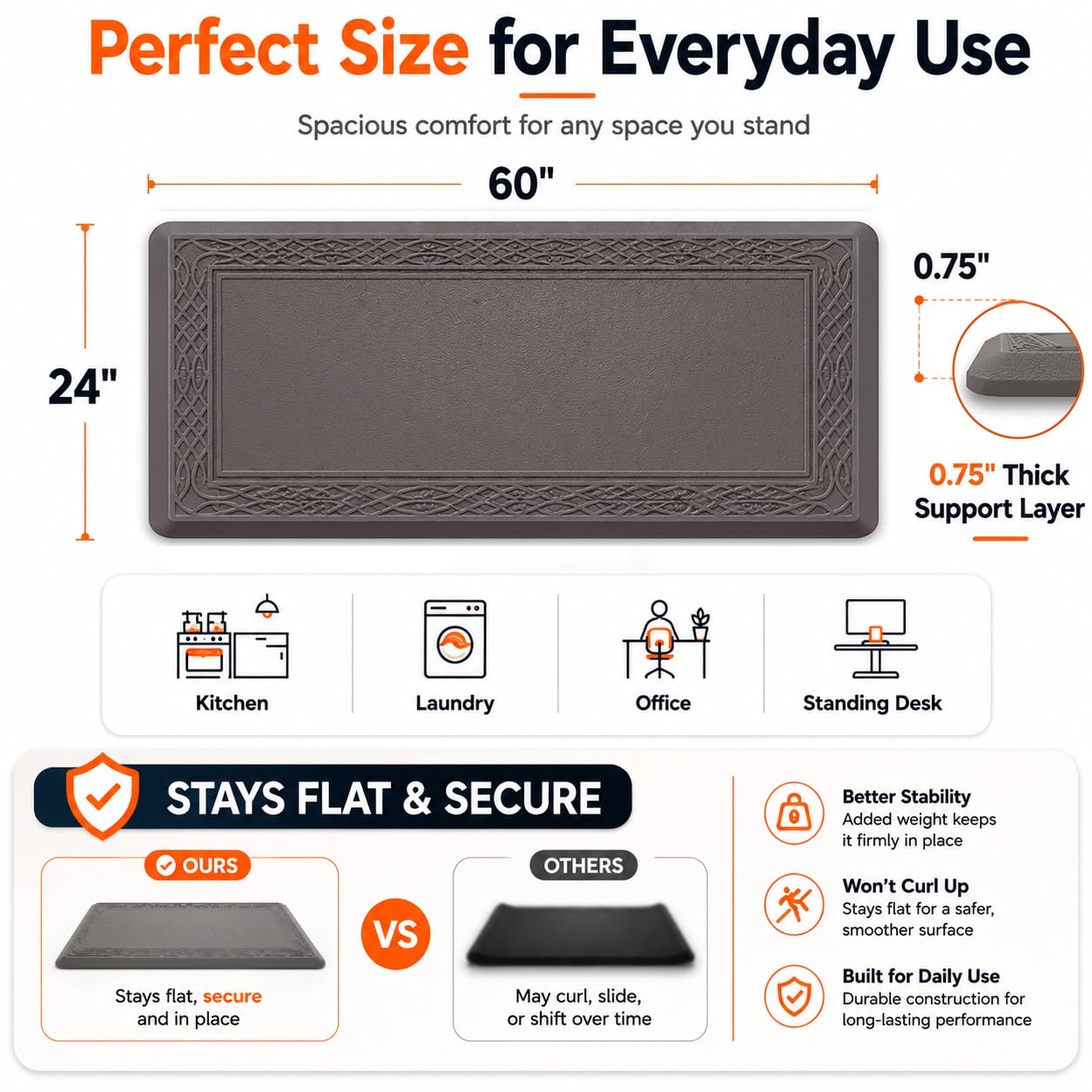 24 x 60 Inch Extra Support Anti Fatigue Comfort Kitchen Mat, Waterproof Long Kitchen Runner, Non-Slip Standing Desk Mat, Commercial Pads for Offices, Home, Garages (Bordeaux Grey, 24'' x 60'')