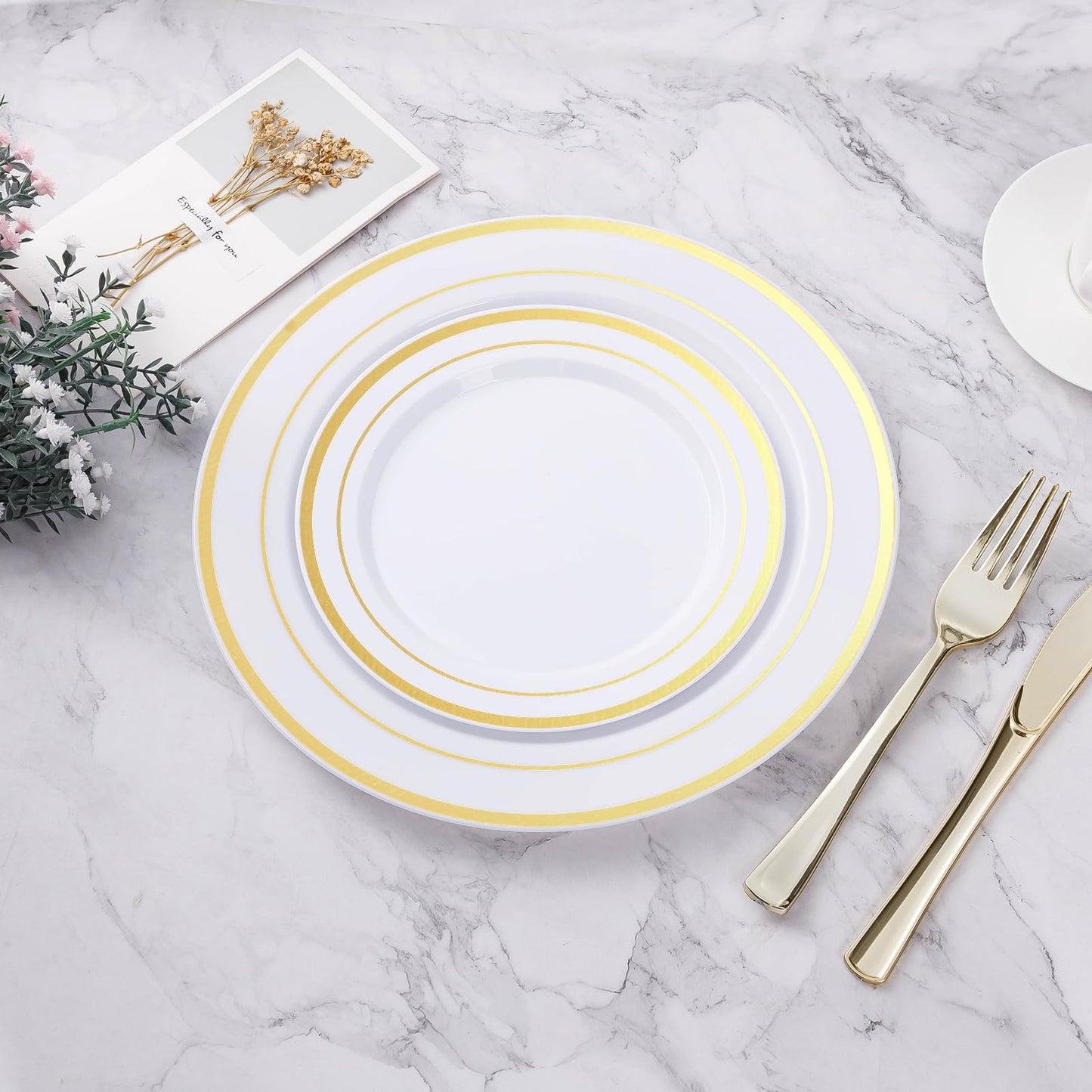 BESTVIP 200PCS Gold Plastic Plate, Disposable Party Plates with 100 Dinner Plates and 100 Dessert Plates, Plastic Plates for Party, Wedding and Birthday