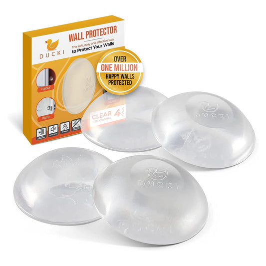 Ducki Door Stop Wall Protector | Self Adhesive Door Knob Wall Protectors from Door Knobs | Rubber Door Stoppers for Wall Damage & Noise | Durable, Shock Absorbent & Discreet | 4 Pack Clear Door Stops