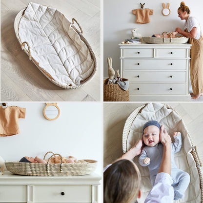 BEBE BASK Premium Baby Diaper Caddy Organizer - Handmade - Seagrass Basket With Cotton Divider - Award-Winning & Luxury Diaper Caddy Basket - White (NATURAL)