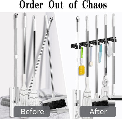 5 Holders+4 Hooks Black Broom Holder Wall Mounted with Nails Installation, Heavy Duty Stainless Steel Mop Holder, Brush Mop and Broom Storage Self Adhesive
