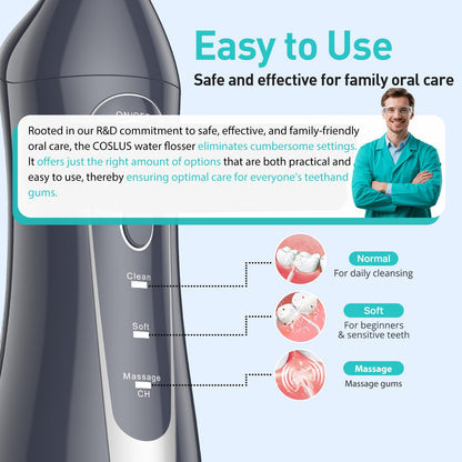 COSLUS Water Dental Flosser Teeth Pick: Portable Cordless Oral Irrigator 300ML Rechargeable Travel Irrigation Cleaner IPX7 Waterproof Electric Flossing Machine for Teeth Cleaning C20(F5020E)