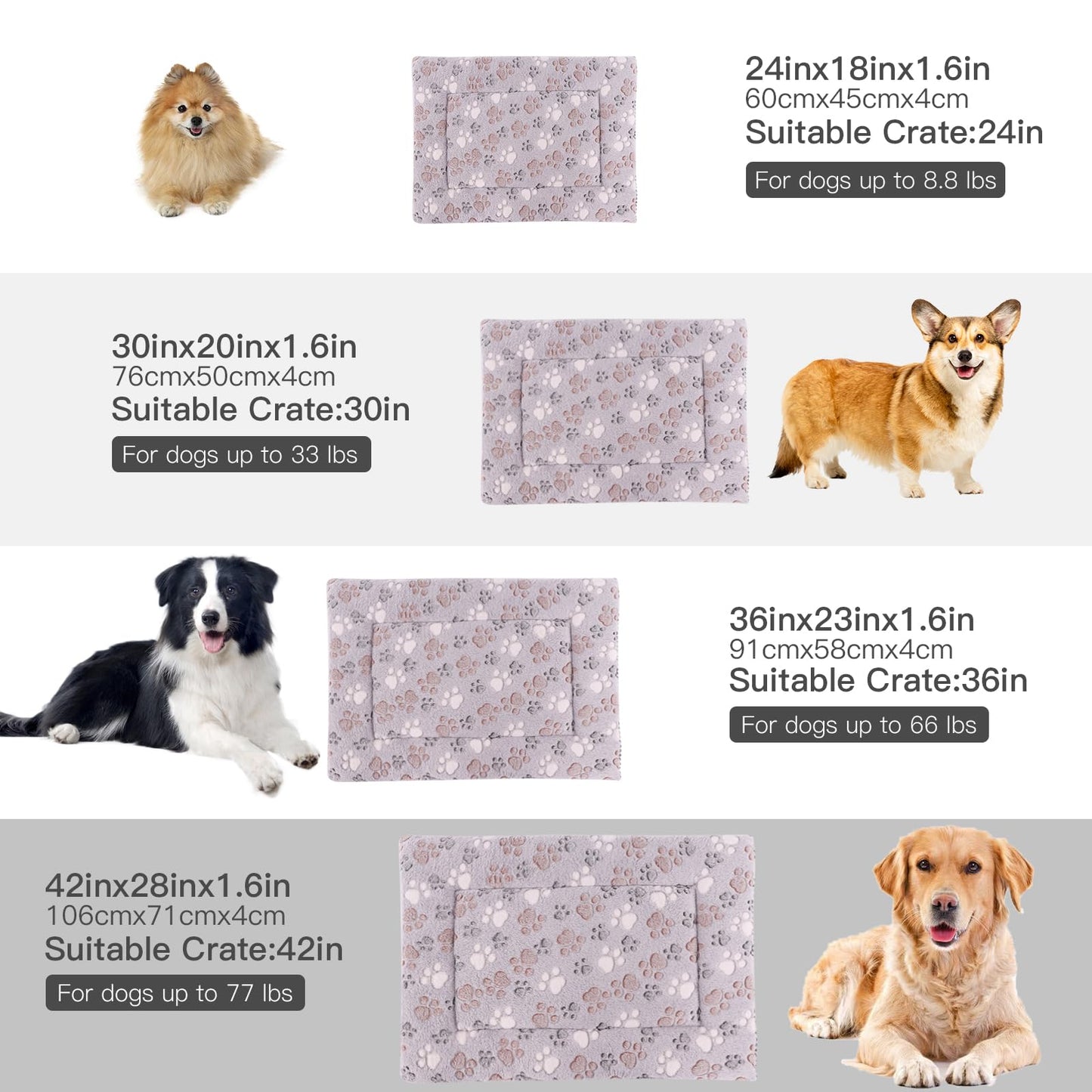 BVAGSS Dog Bed Mat,Reversible Dog Crate Pad, Memory Foam Dog Beds, Soft Warm Pet Cushion for Small Medium Dogs, Washable Pet Sleeping Mattress Kennel Bed Pad XH079 (76x50x4cm,Grey Paw)