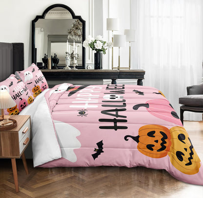 Pumpkin Ghost Comforter Set Girls Pink Halloween Bedding Set Orange Pumpkin White Ghost Bat Spider Cute Cartoon Bedding Kids Teens Happy Halloween Bed Set King Size