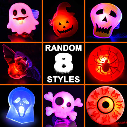 50 Pcs Halloween LED Glow Ring, Light Up Toys Glow in the Dark Birthday Halloween Party Favors Decorations Supplies for Adults Flash Finger Rubber Rings 8 Shape Ghost Pumpkin Skeleton Spider Bat