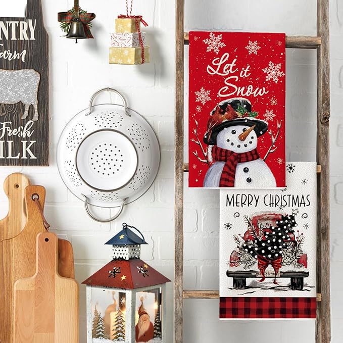 Artoid Mode Red Snowman Xmas Trees Santa Claus Truck Merry Christmas Kitchen Towels Dish Towels, 18x26 Inch Farmhouse Decoration Hand Towels Set of 6