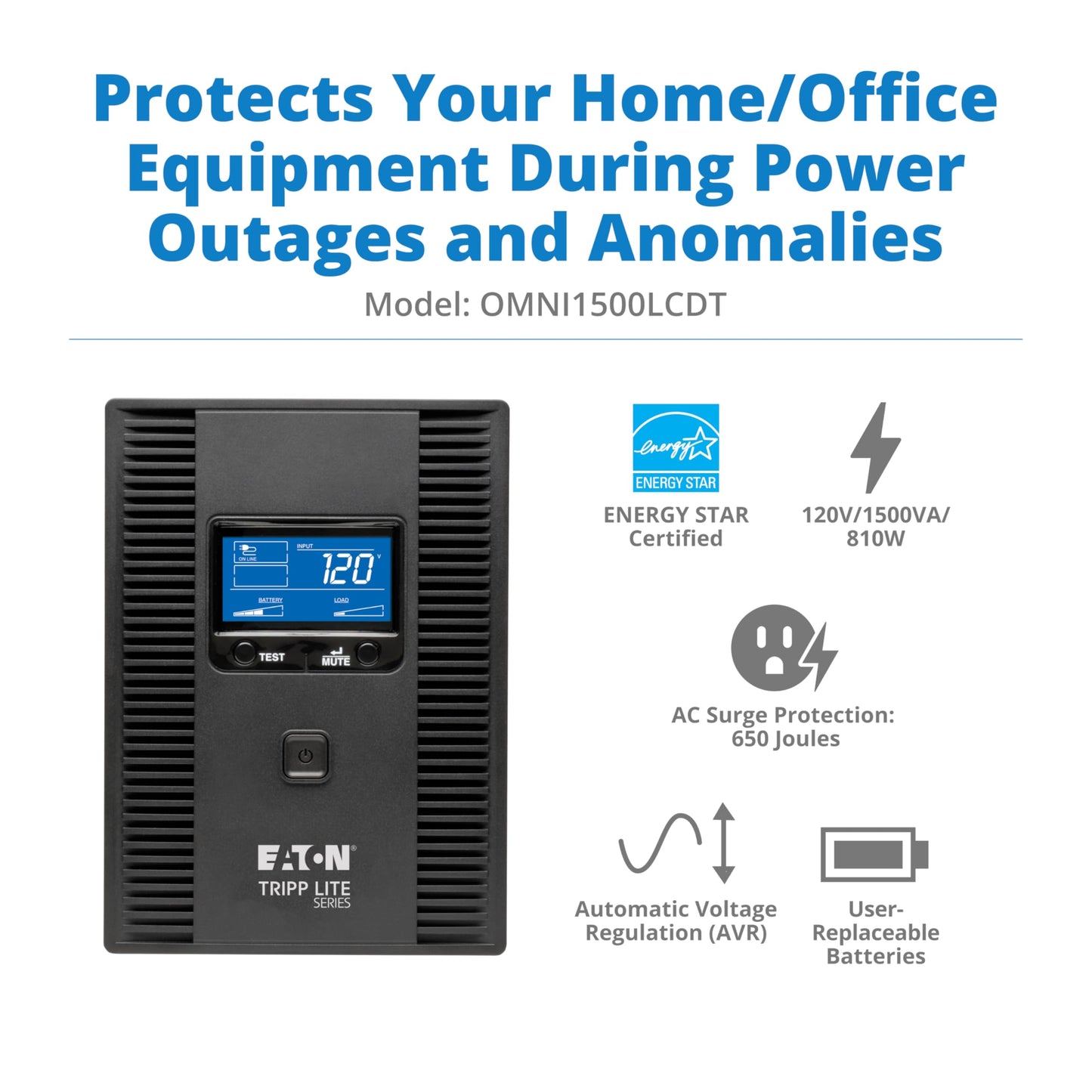 Eaton Tripp Lite series OMNI1500LCDT 1500VA UPS Battery Backup Computer Uninterruptible Power Supply Units & Surge Protector, 810W, 10 Outlets, AVR, LCD Screen, 3 Year Warranty & $250,000 Insurance