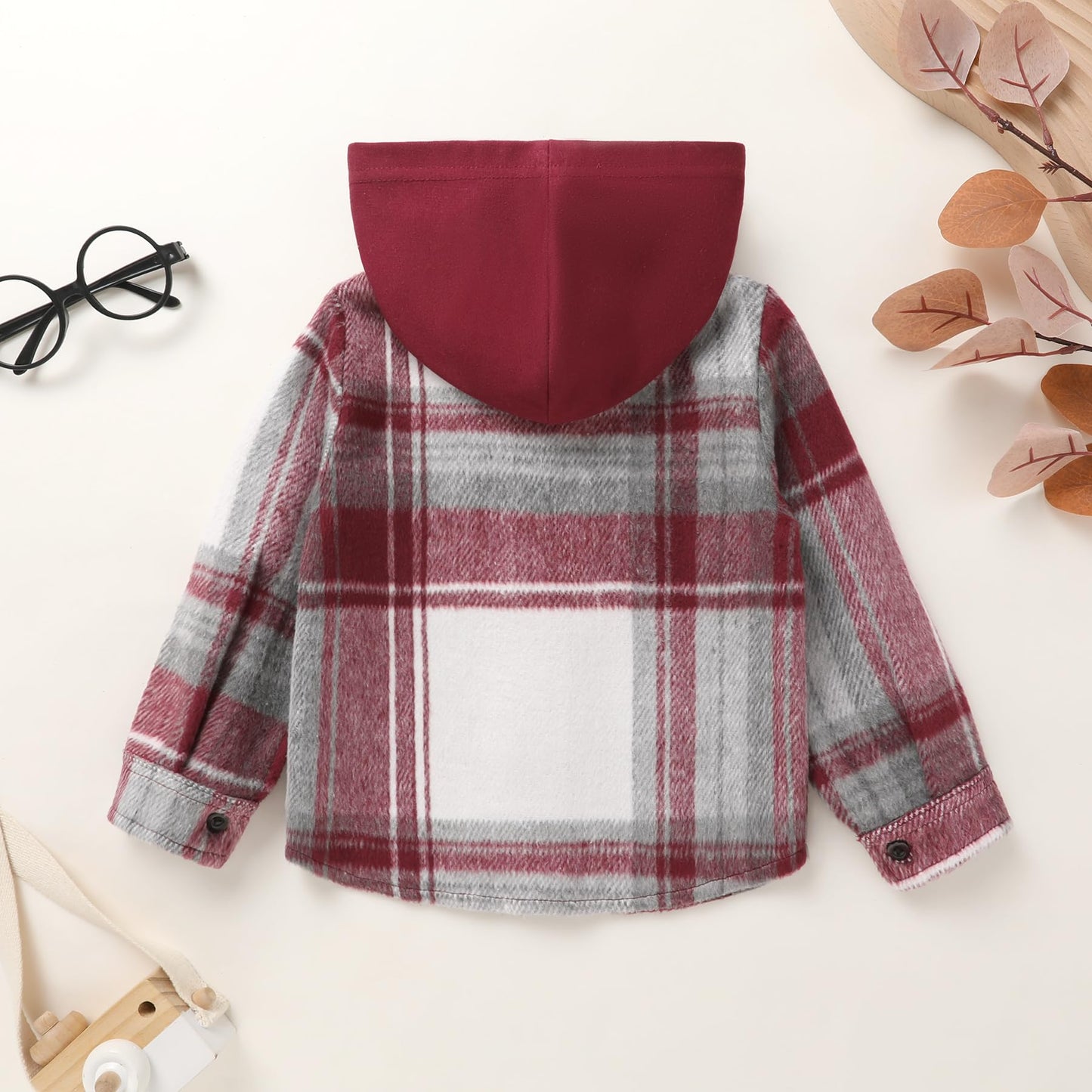 YOUNGER STAR Toddler KidsBaby Boys Hooded Plaid Shirt Classical Shirt Hooded Jacket Fall Winter Clothes (Wine red gray large grid, 3-4T)