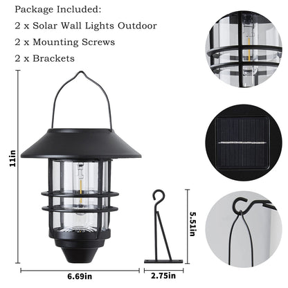 2 Pack Solar Lantern Outdoor, Waterproof Stainless Steel Glass Hanging Solar Lights Outdoor Garden for Outside,Fence,Wall,Porch Light