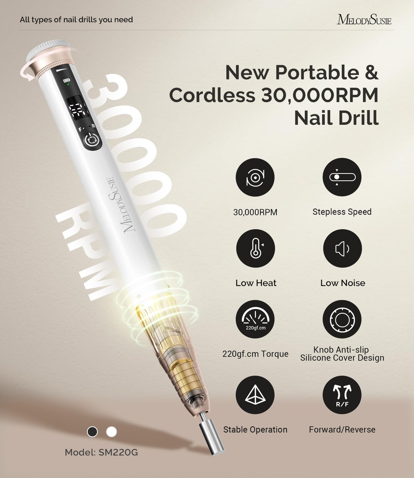 MelodySusie Professional Cordless Nail Drill SM220G Black, 30,000RPM Portable Electric Nail File, Low Noise & Low Vibration Coreless Motor, with 6 Bits & Sanding Bands Kit for Nail Salon & Home