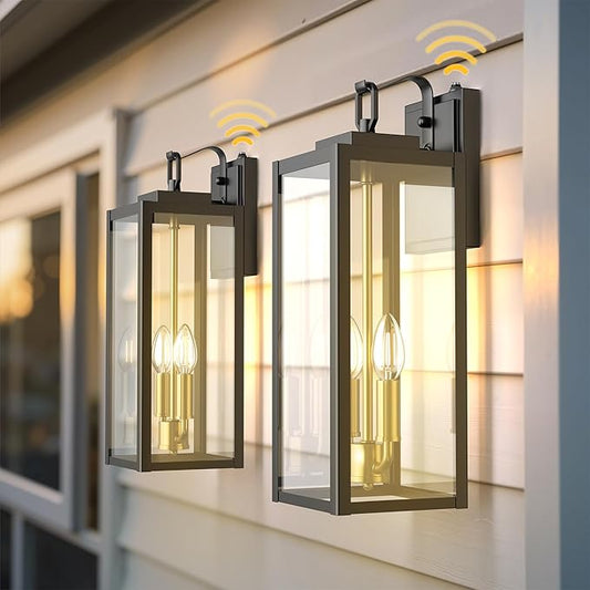 L LOHAS LED 18" Dusk to Dawn Outdoor Wall Lights, 2-Light Black and Gold Outdoor Wall Sconce Lantern with Clear Glass, Tall Transitional Exterior Light Fixtures for Porch, Garage, ETL Listed, 2 Pack