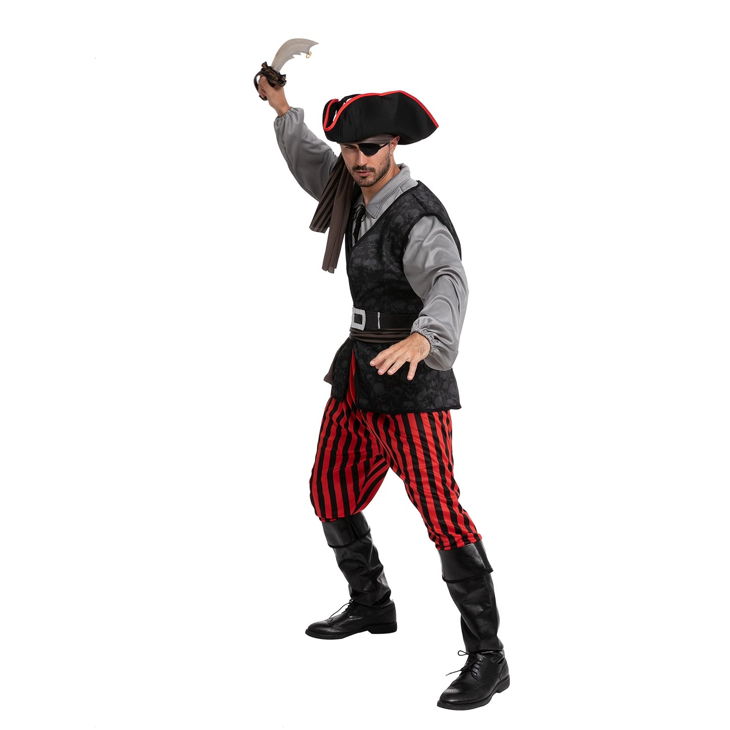 Spooktacular Creations Men Pirate Costume, Adult Grey Pirate Shirt Vest Viking Pants Hat Accessories Set for Halloween Themed Trick or Treating Cosplay Parties (Large)