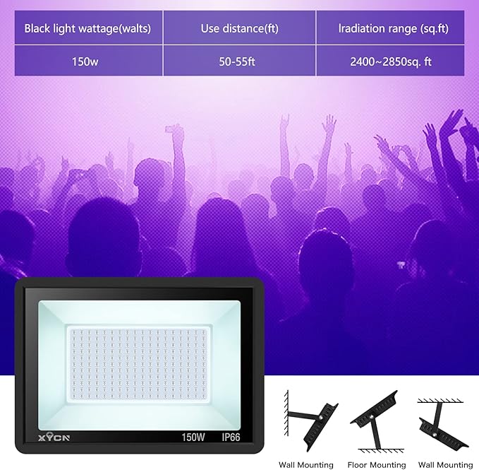 2 Pack 150W Black Light Flood Light, Blacklight with Plug, IP66 Waterproof for Glow Party, Halloween, Neon Glow, Aquarium,Fluorescent Poster,Body Paint,Glow in The Dark