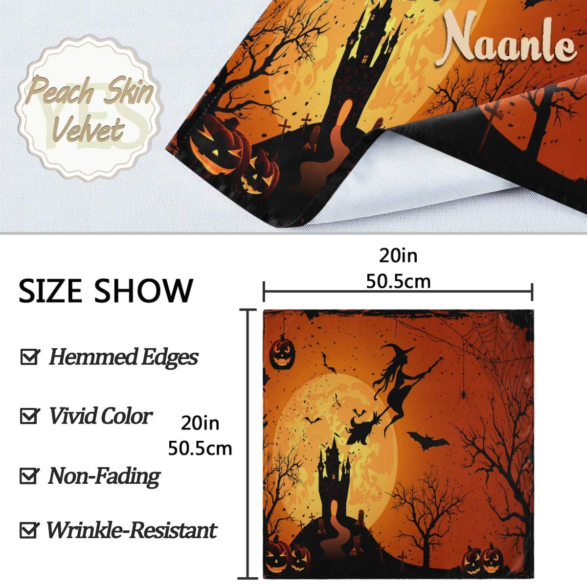 Naanle Halloween Cloth Napkins Dinner Table Napkins Set of 4, Witch Solid Washable Reusable Polyester Napkins with Hemmed Edges for Home Holiday Party Wedding Oversized 20 x 20 in