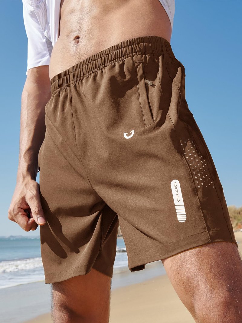 NORTHYARD Men's Athletic Running Shorts Gym Workout 7"/9"/5" Quick Dry Lightweight Sports Basketball Tennis 3 Zipper Pockets Brown S