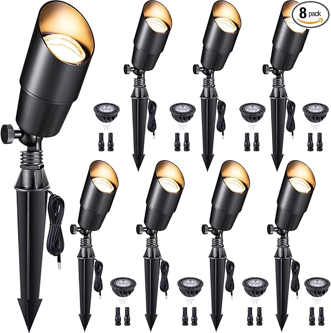 Gardenreet Spot Light Brass - Outdoor Landscape Spotlights 12V, LED Low Voltage Landscaping Uplights, All Weather Hard-Wired Black for Backyard Lawn with Warm White Changeable Bulbs (8 Pack)