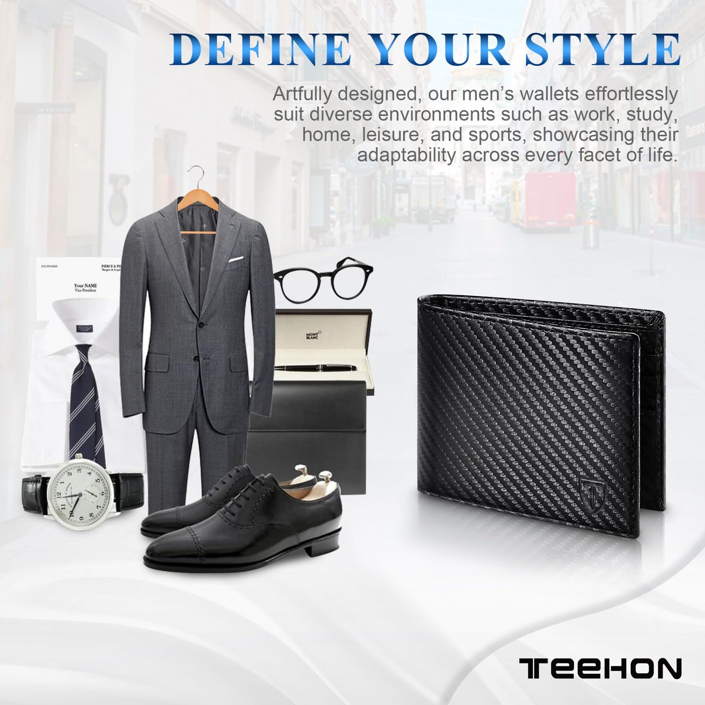 TEEHON Mens RFID Blocking Carbon Fibre Leather Wallet - Bi-Fold Card Wallet with 10 Card Slots, 2 ID Windows, 2 Cash Compartments - Black