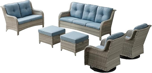 Rilyson Patio Furniture Swivel Chairs Set - 6 PC Wicker Rattan Outdoor Sectional Conversation Sets with 2 Rocking Chair,2 Ottoman,1 Sofa and 1 Loveseat for Porch Deck(Light Grey/Sky Blue)