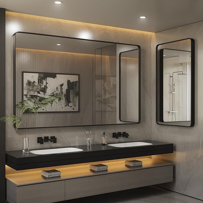 ISKM Black Framed Mirror for Wall 84"x 32", Large Bathroom Mirror Anti-Rust, Tempered Glass, Rounded Rectangle Mirror(Horizontal/Vertical)