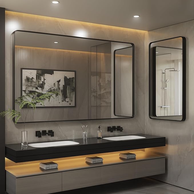 ISKM Black Bathroom Mirror for Wall 48" x 40" Matte Black Framed Vanity Mirror Anti-Rust, Tempered Glass, Rounded Rectangle Mirror(Horizontal/Vertical)