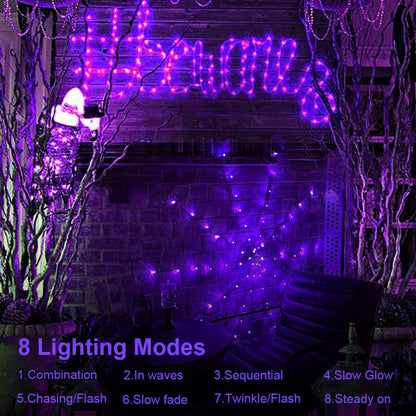 Halloween Decorations Spider Web Lights - 4FT Diameter 70 LEDs with Black Spider, Waterproof Net Lights, Remote Control, 8 Modes Cobweb Halloween Decorations for House Garden Indoor Outdoor (Purple)