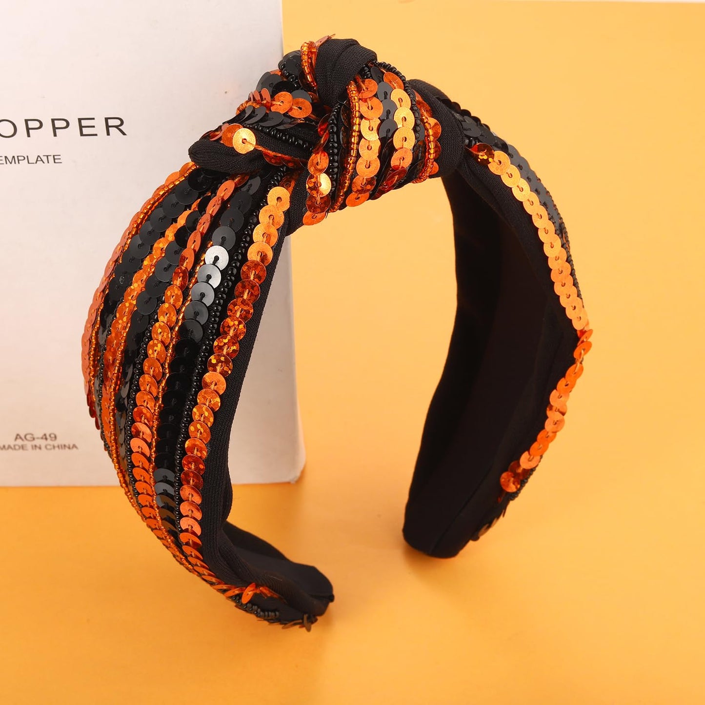 GLBCC Halloween Sequin Headband for Women - Orange Black Sequin Wide Top Knot Headband for Festive Hair Accessories & Cosplay Costume Party Favors