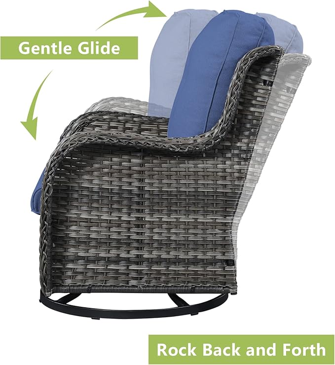 Rilyson Wicker Patio Furniture Set - 5 Piece Rattan Outdoor Sectional Conversation Sets with 2 Rocking Swivel Chairs,2 Ottomans and 1 Loveseat for Porch Deck Garden(Mixed Grey/Blue)
