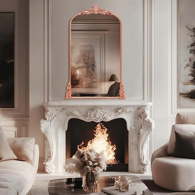 Growsun Arched Mirror, 24’’x42’’ Antique Baroque Traditional Ornate Wall Mirror Decor with Full Metal Frame for Fireplace/Entryway/Living Room/Bathroom
