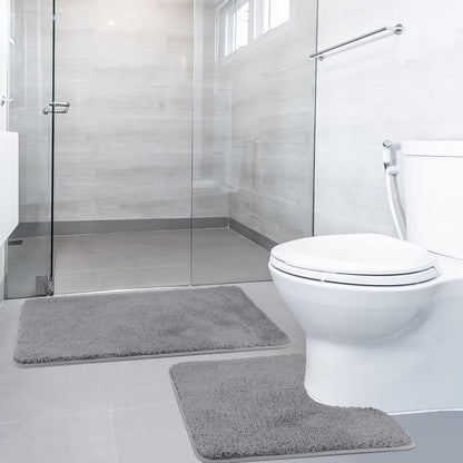 SOANNY 2 Piece Non-Slip Bath Mat Set, Luxury Thick Microfiber Shaggy Bathroom Rugs, 50 X 80 CM Soft Plush Shower Mat & 50 X 50 Toilet Pedestal Carpet, Machine Washable, Absorbent, Grey