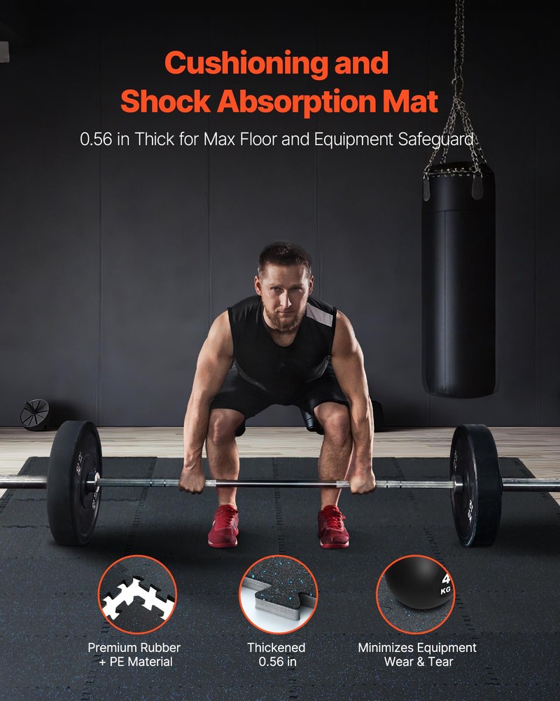 VEVOR 0.56Inch 24sq.ft 6 Tiles Gym Flooring for Home Gym, Rubber Top with High Density EVA Foam, 25 x 25In Gym Floor Exercise Equipment Mats, Interlocking Gym Mats, Puzzle Workout Mats, Black & Blue