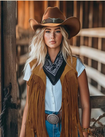 6 PC Cowgirl Western Outfits for Women Retro Cowgirl Costumes Fringe Vest Cow Girl Hat for Women Country 70s Hippie Outits (Brown, S)