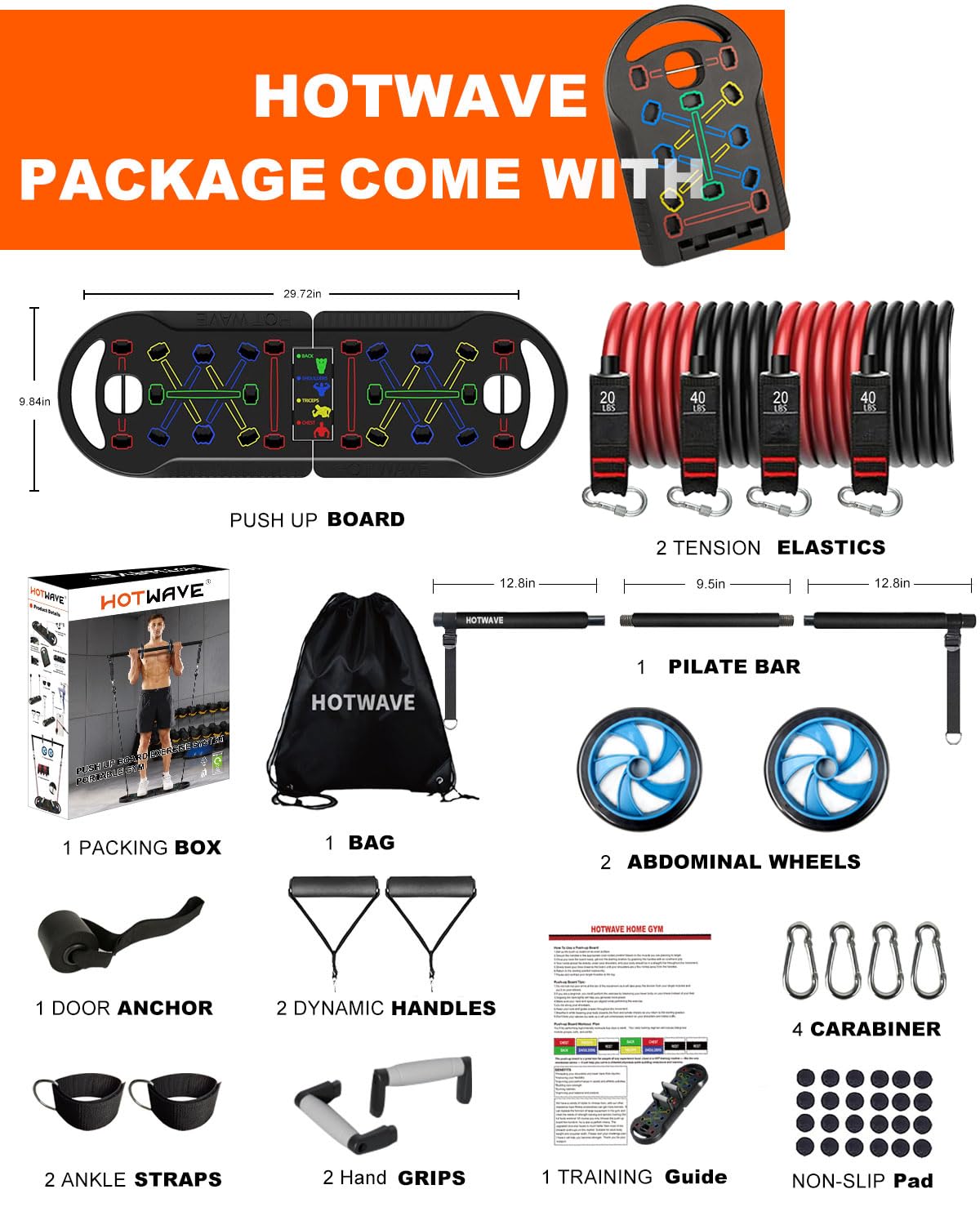 HOTWAVE Portable Exercise Equipment with 16 Gym Accessories,20 in 1 Push Up Board Fitness,Resistance Bands with Ab Roller Wheel,at Home Workout for Men