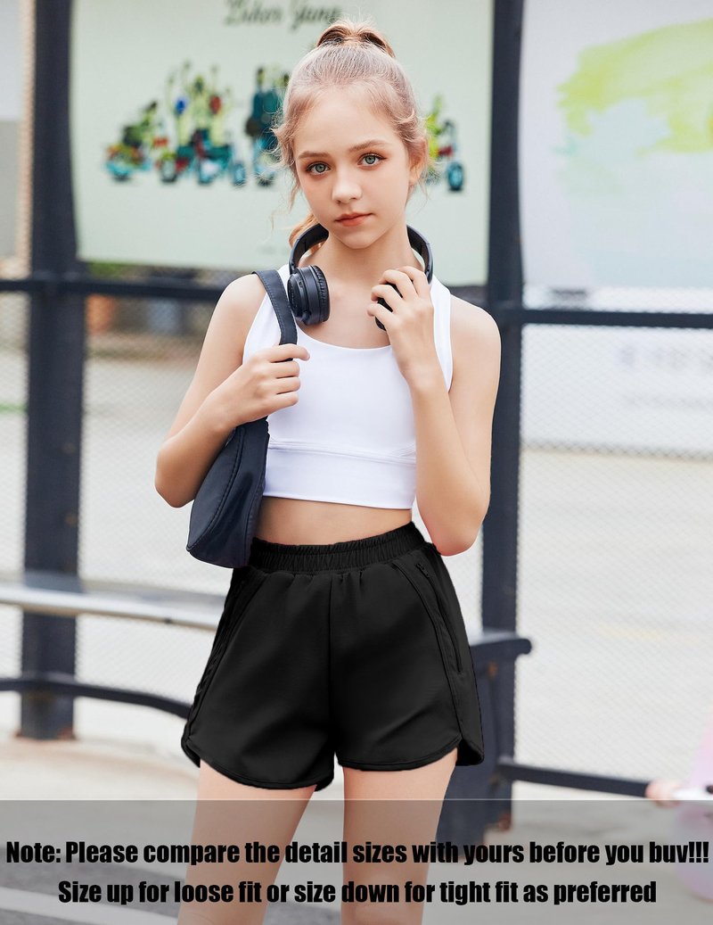 Zaclotre Girls Athletic Shorts with Zipper Pockets High Waisted Running Shorts Soccer Gym Sports Active Short for Kids Black