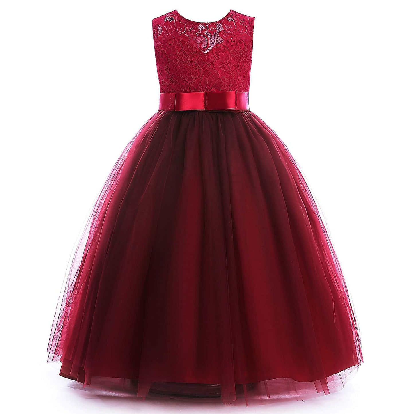 Glamulice Flower Girls Lace Bridesmaid Dress Long A Line Wedding Pageant Dresses Tulle Party Gown Girl Kid Elegant Holiday Evening Formal Princess Birthday Dance Ball Gown Christmas Red Wine 8 Prom