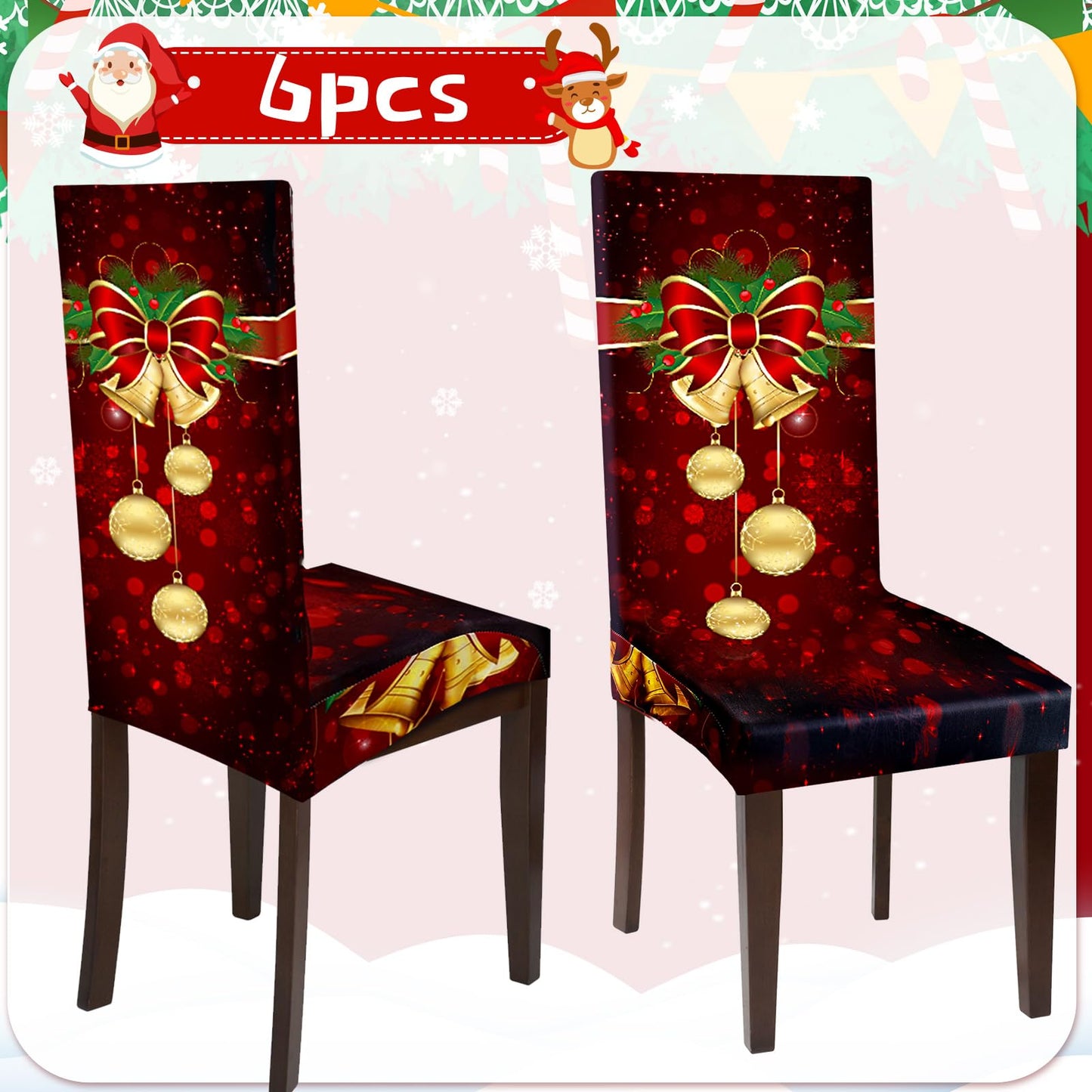 Moukeren 6 Pcs Red Christmas Chair Covers Set Stretch Removable Washable Christmas Dining Chair Seat Covers for Home Hotel Dining Room Kitchen Banquet Wedding Xmas Party Decor