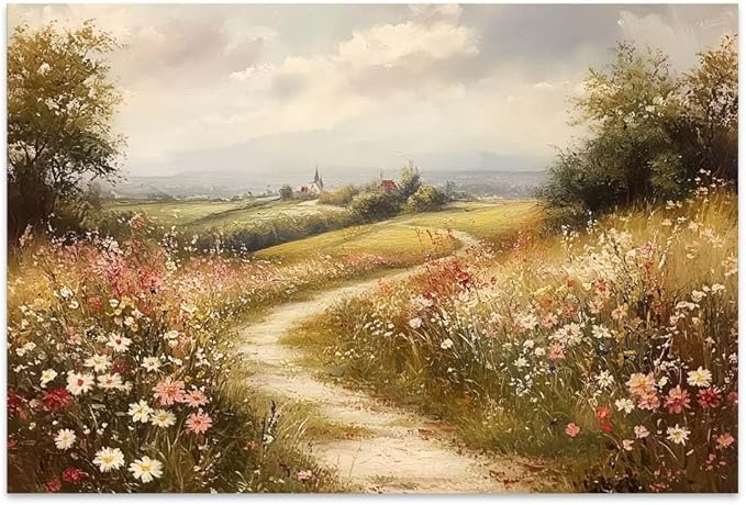 Yesad Wildflower Canvas Wall Art, Meadow with Flowers Painting Vintage Décor Nature Prints Rustic Pictures, Scenery Wall Decor for Living Room Bedroom Farmhouse (Unframed,30”x20”,Wildflower2)