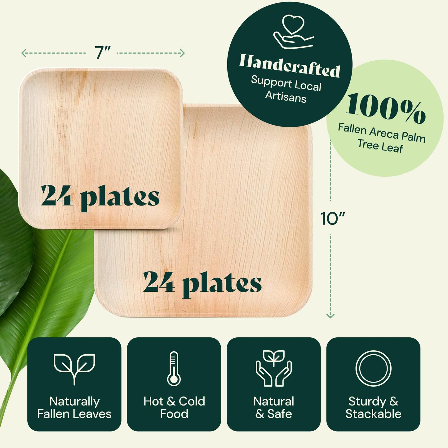 Chic Leaf Compostable & Biodegradable Palm Leaf Disposable Bamboo Plates for 4th of July- Disposable Party Plates for Appetizers - Camping Essentials - Reusable Party Supplies (10 & 7 Inch Square)