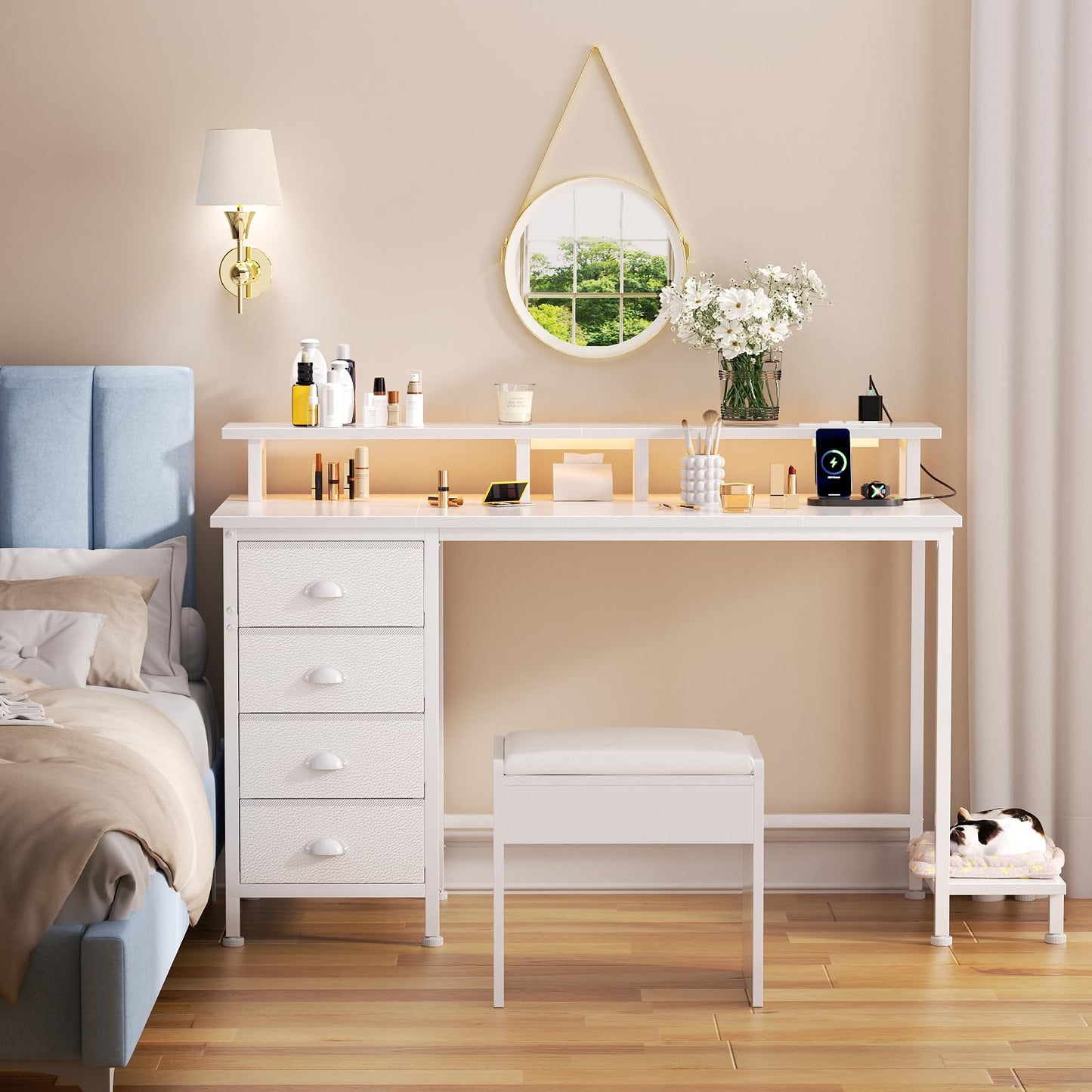 Furologee 47 Inch Computer Desk Gaming with 4 Fabric Drawers with Power Outlets and LED Lights for Home Office with Full Monitor Stand and Shelf Study Table for Small Spaces White